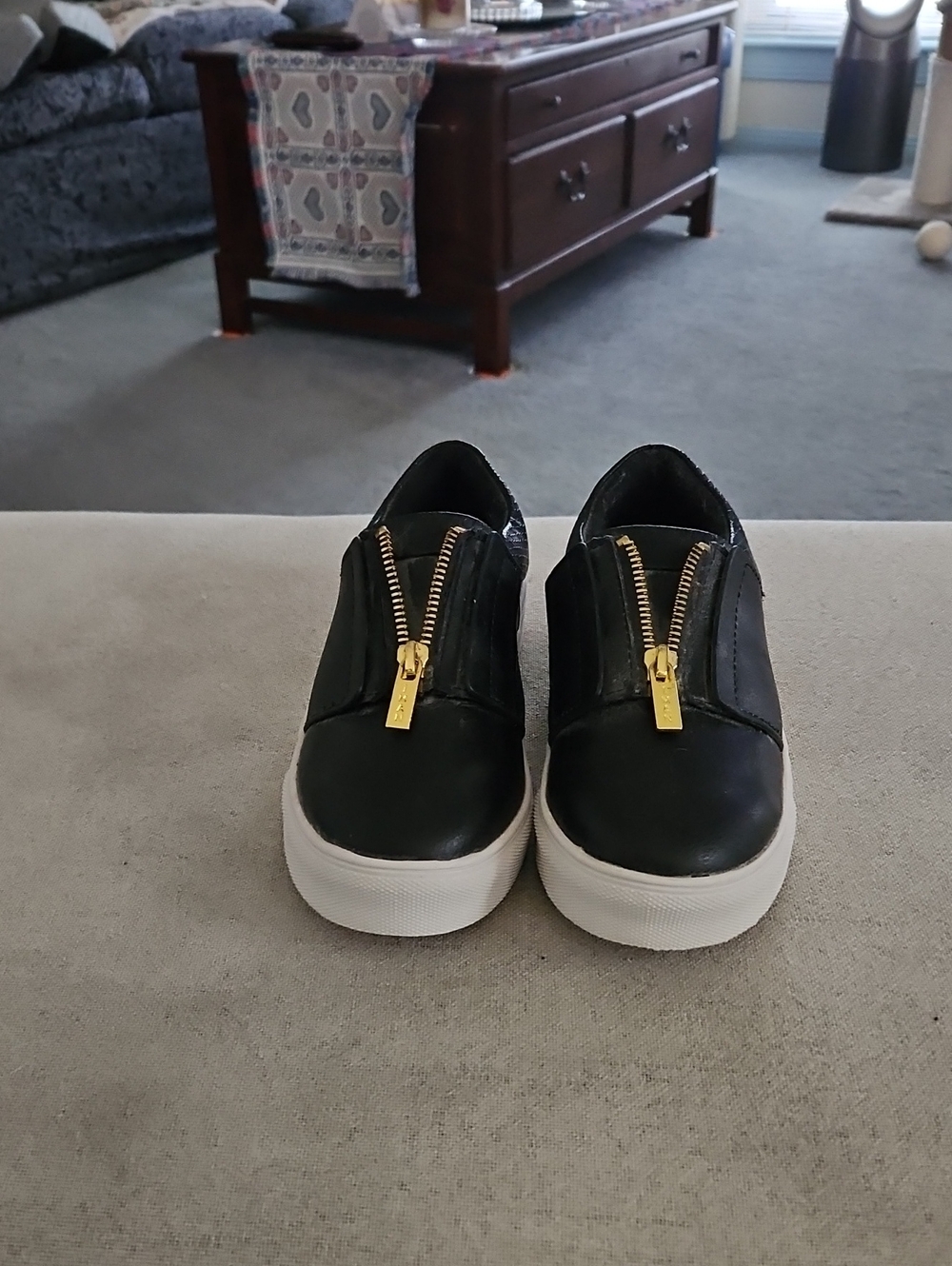 Black Slip-On Sneakers with Gold Zippers